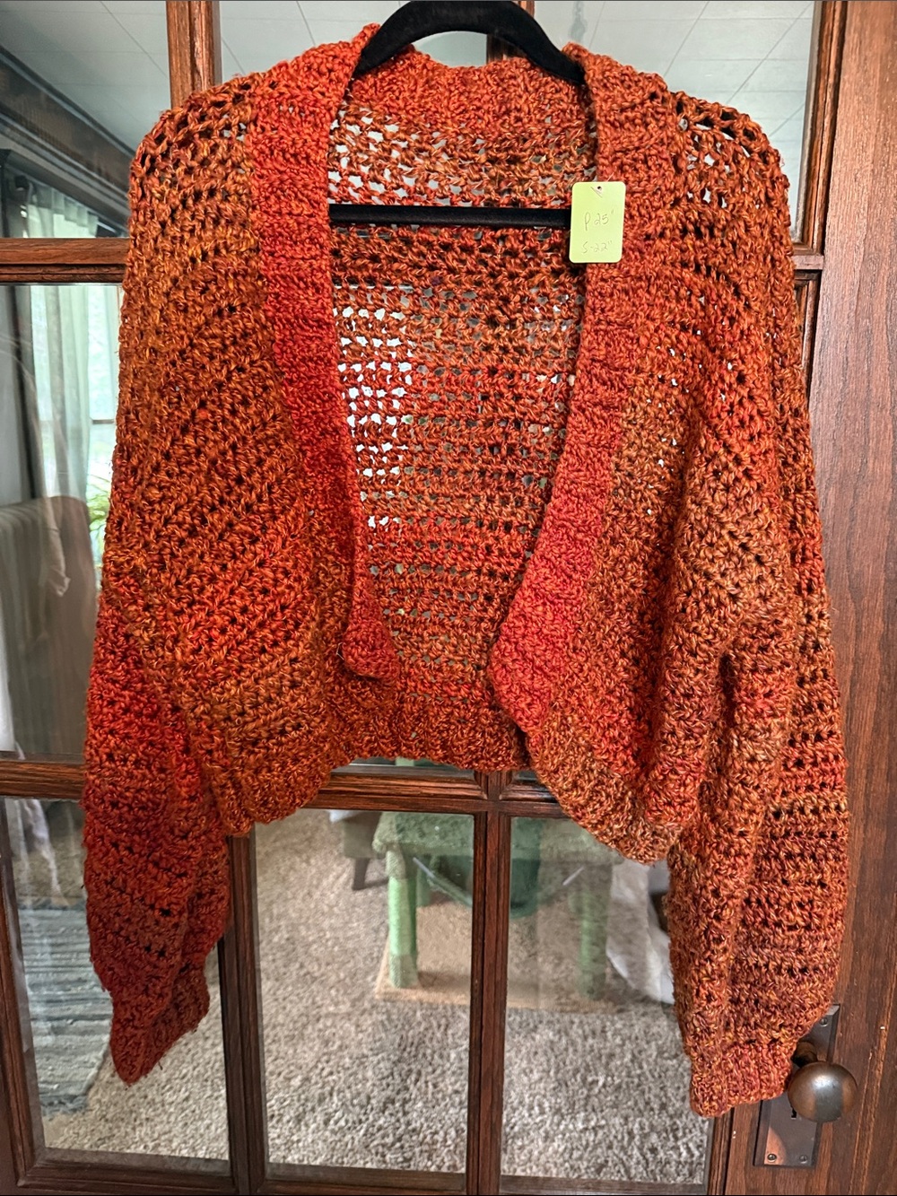 Handmade Crochet Cropped Cardigan Orange Rust Ombre Open Front Boho Sweater L